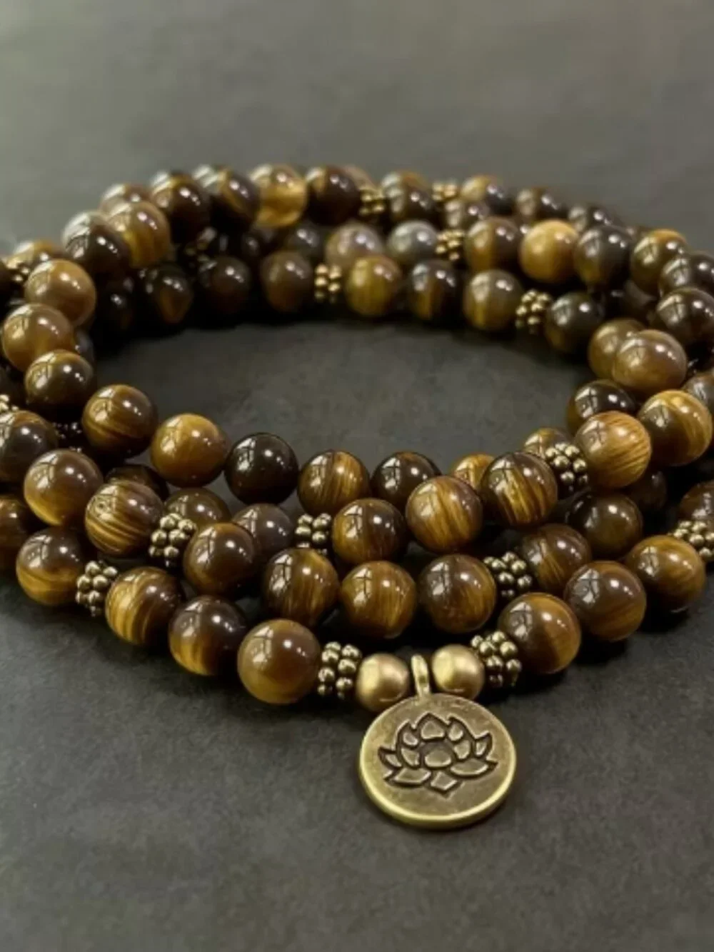 Beautiful Semi-precious Tiger's Eye & Brass Bead Stretch Mala Necklace/Bracelet